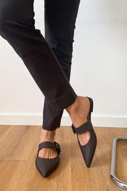 Instep Strap Buckle Solid Color Pointed Toe Black Flats
