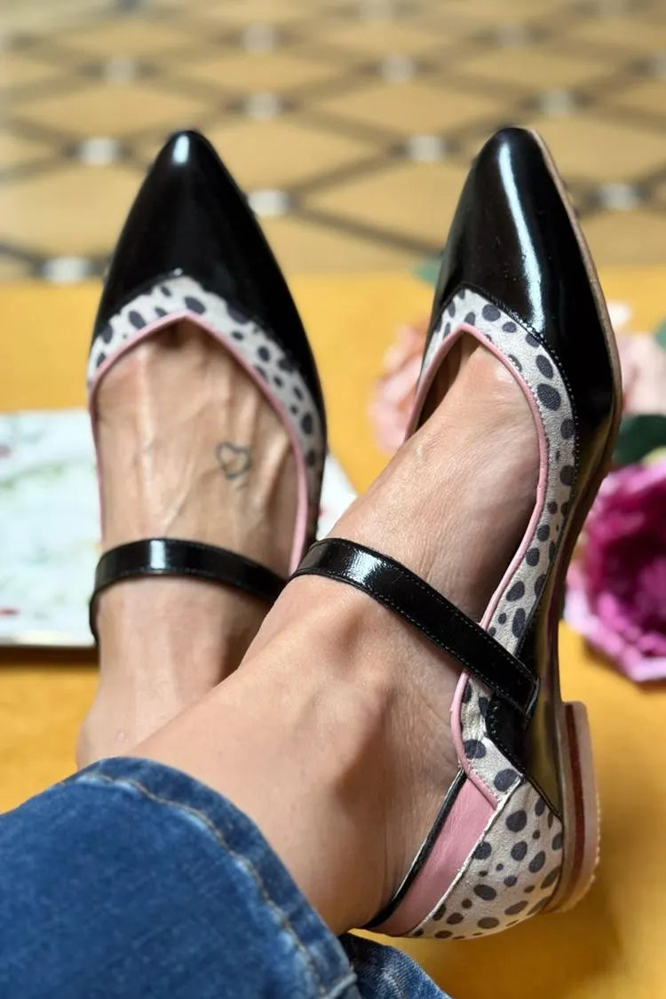 Instep Strap Patchwork Pointed Toe Black Flats