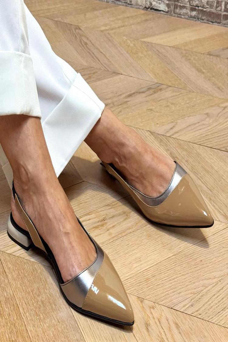 Patchwork Pointed Toe Asymmetric Strap Khaki Flats
