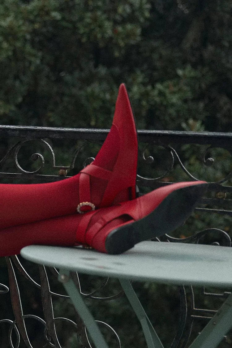 Crossover Strap Buckle Pointed Toe Slingback Red Flats