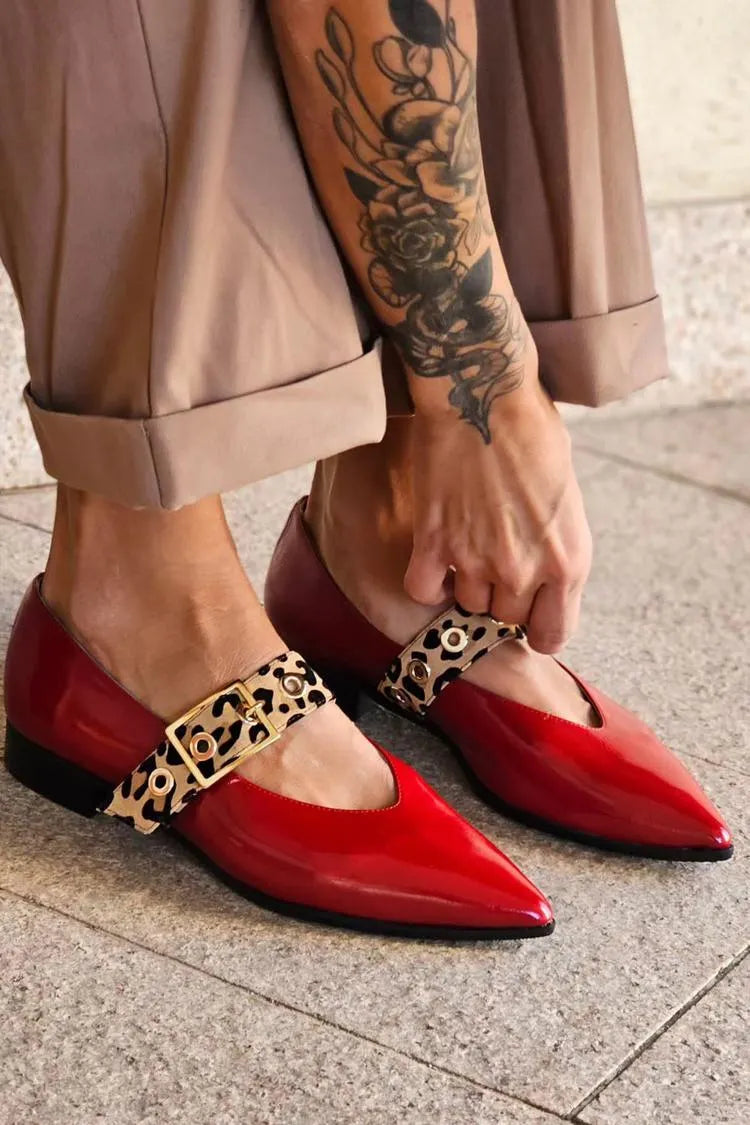 Leopard Print Strap Buckle Pointed Toe Red Flats