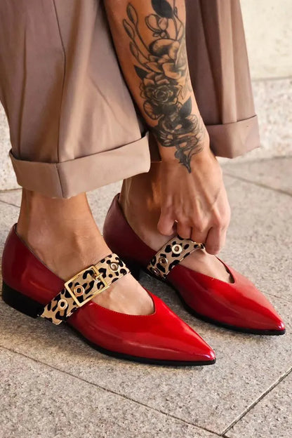 Leopard Print Strap Buckle Pointed Toe Red Flats