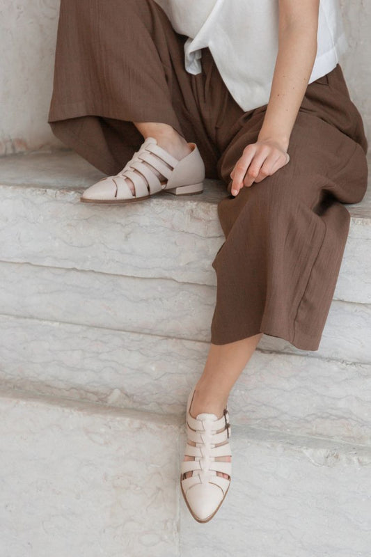 Beige Pointed Toe Strappy Cut-Out Double Buckle Flats