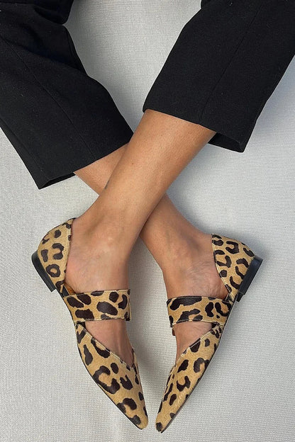 Pointed Toe Leopard Print Instep Strap Buckle Khaki Flats