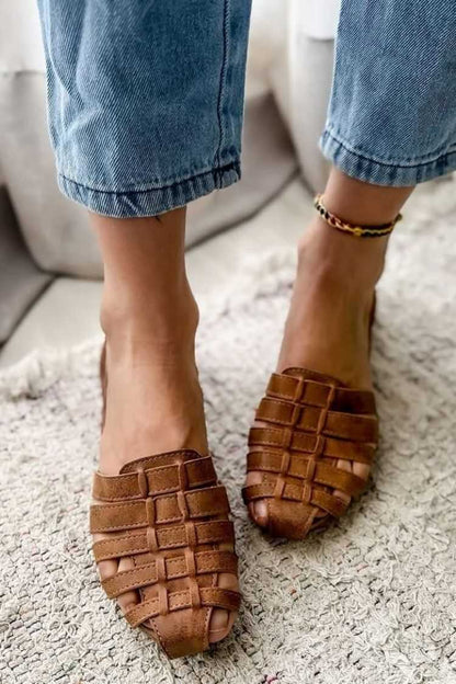 Faux Leather Woven Cutout Peep Toe Flats