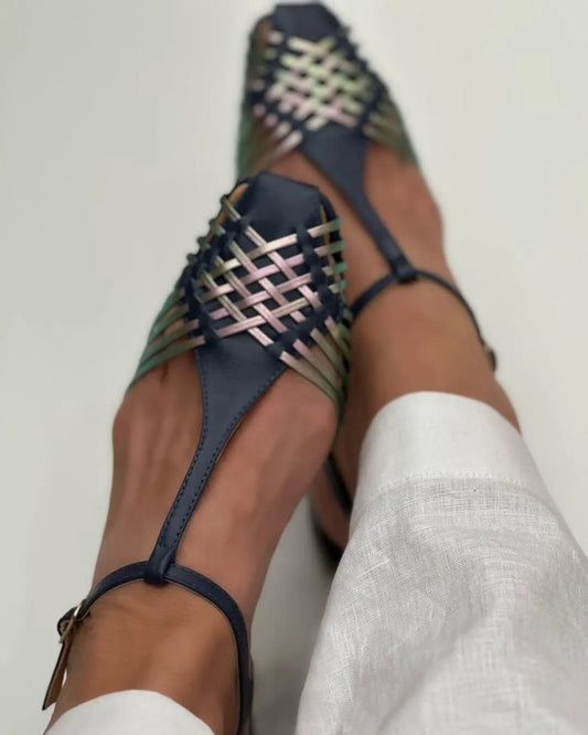 Blue Colorblock Woven Strap Square Toe Casual Flats