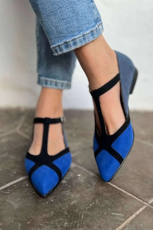 Colorblock Blue Black T-Strap Pointed Toe Flats