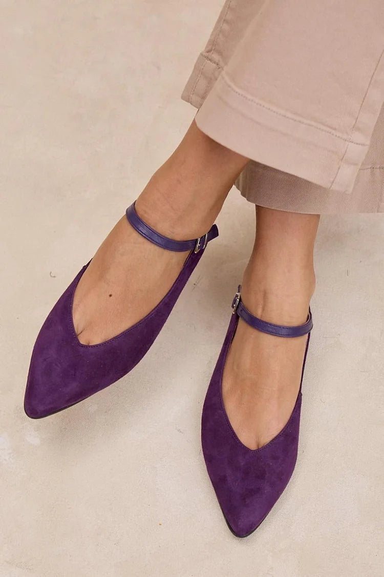 Ankle Strap Buckle Solid Color Pointed Toe Purple Flats
