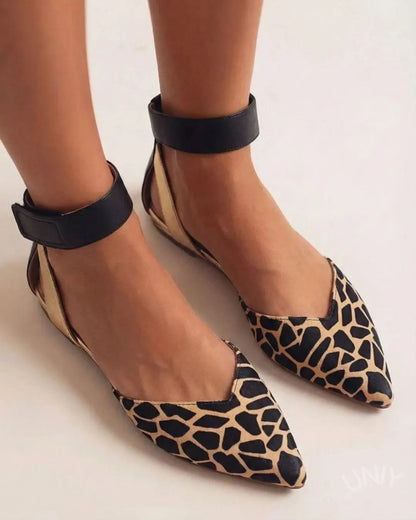 Leopard Print Pointed Toe Wide Ankle Strap Versatile Flats