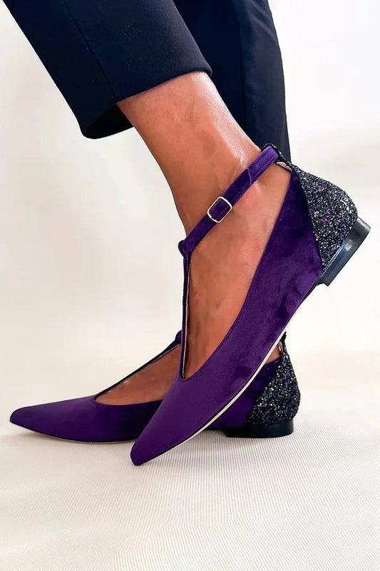 T-Strap Buckle Glitter Patchwork Pointed Toe Purple Flats