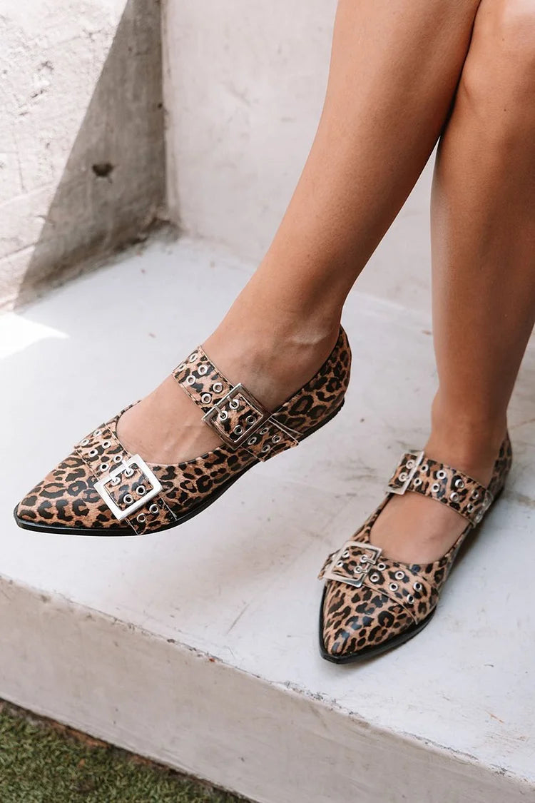 Two Strap Buckle Leopard Print Pointed Toe Brown Flats