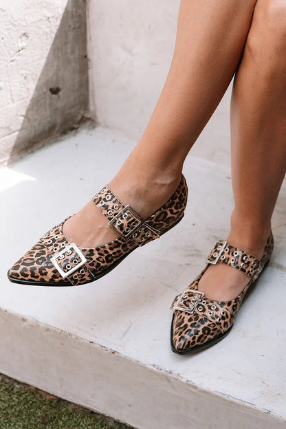 Two Strap Buckle Leopard Print Pointed Toe Brown Flats