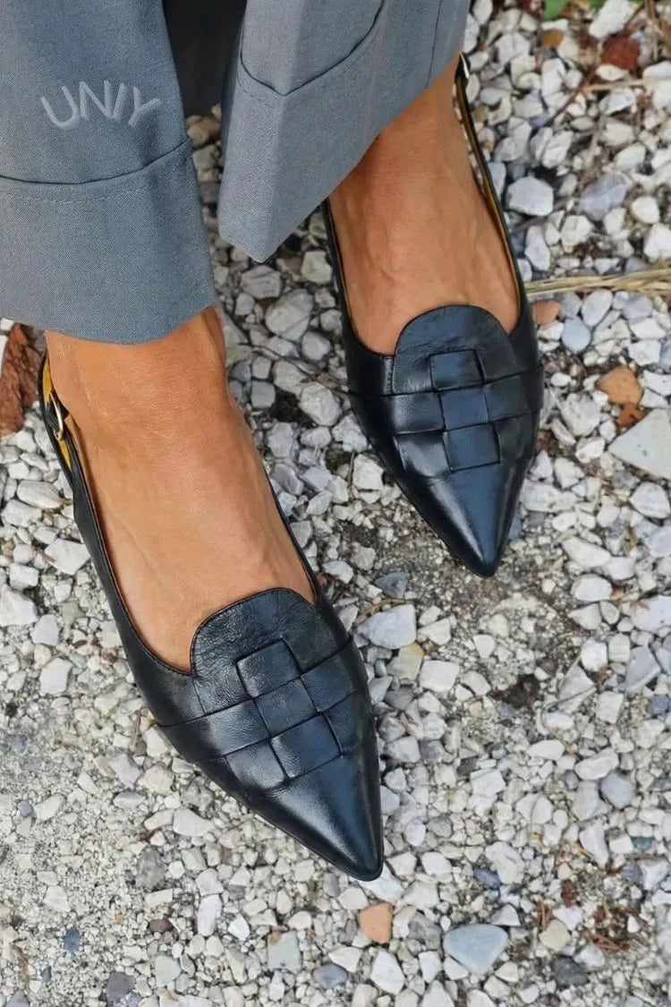 Elegant Black Leather Woven Pointed Toe Slingback Flats