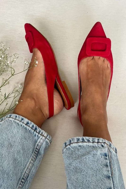 Suede Buckle Detail Pointy Slingback Flats