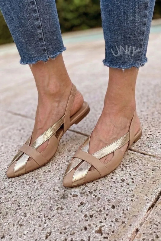 Chic Brown Gold Metallic Cutout Pointed Toe Slingback Flats