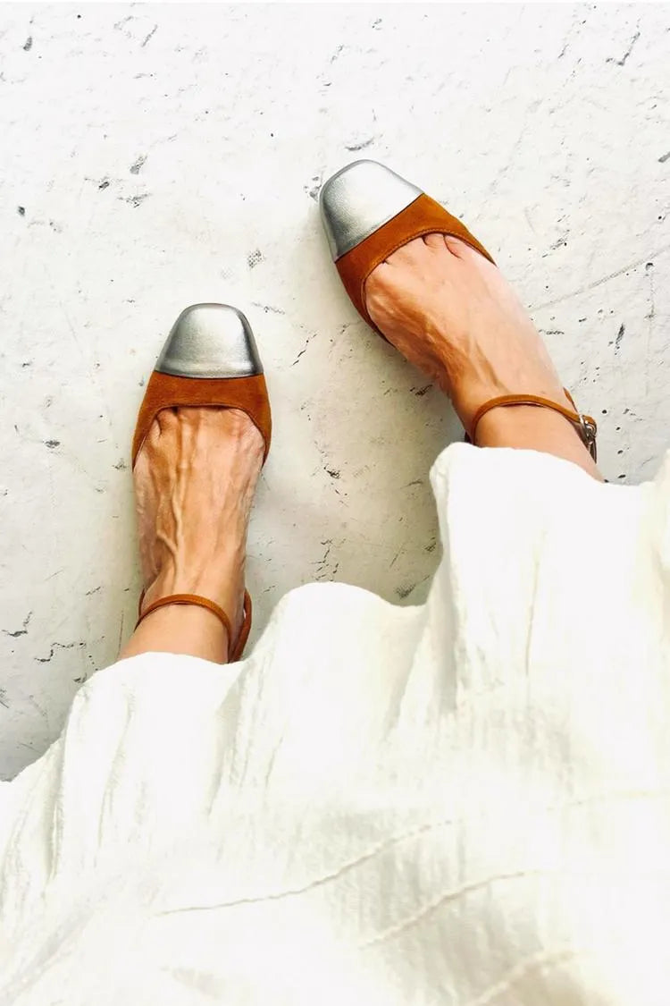 Ankle Strap Buckle Patchwork Square Toe Caramel Flats