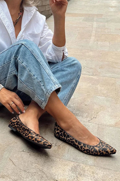 Pointed Toe Leopard Print Slip On Brown Flats