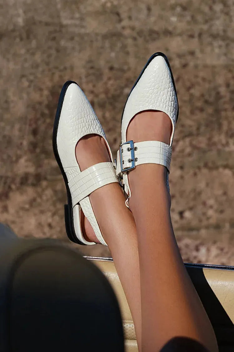 Pointed Toe Instep Strap Buckle Crocodile Print White Flats