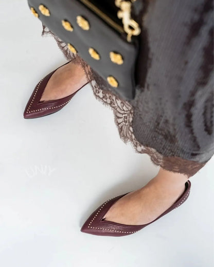 Burgundy V-Cut Studded Detail Pointed Toe Slip-On Flats
