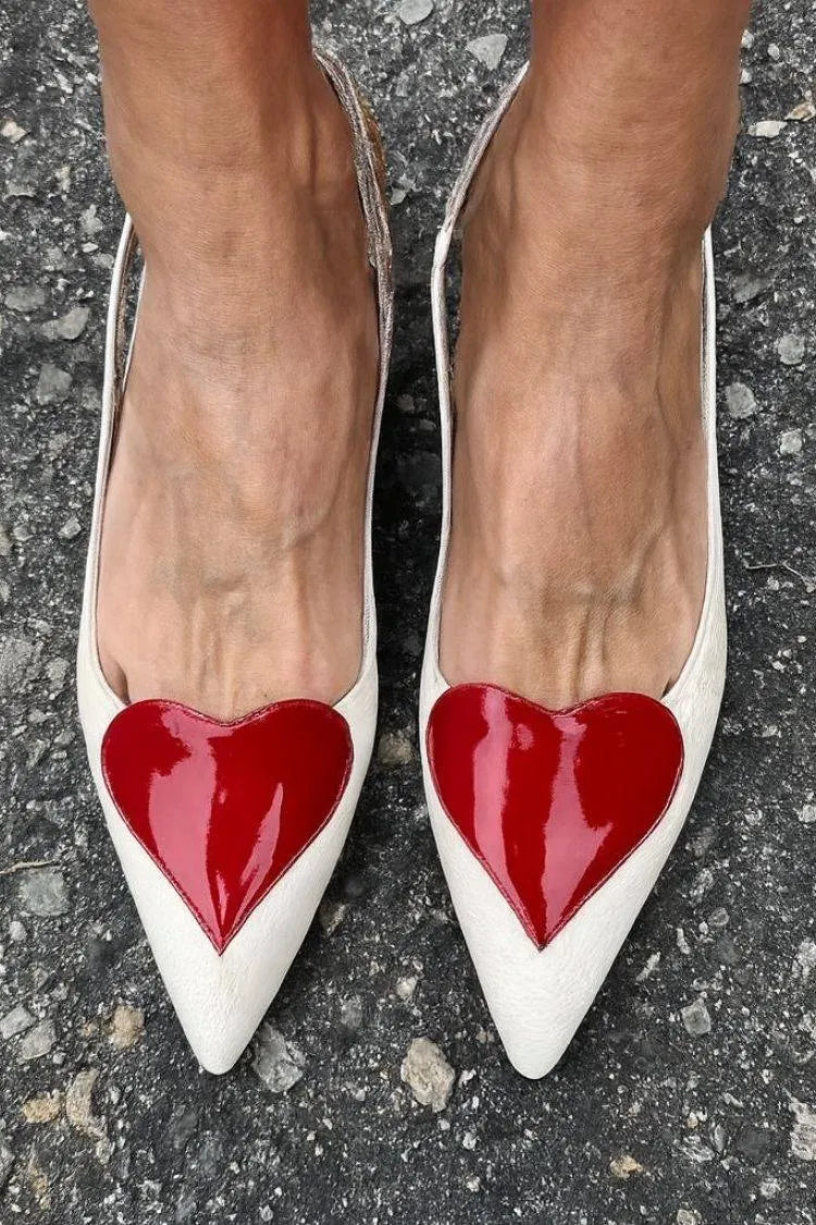 Faux Leather Red Heart Patch White Pointy Flats