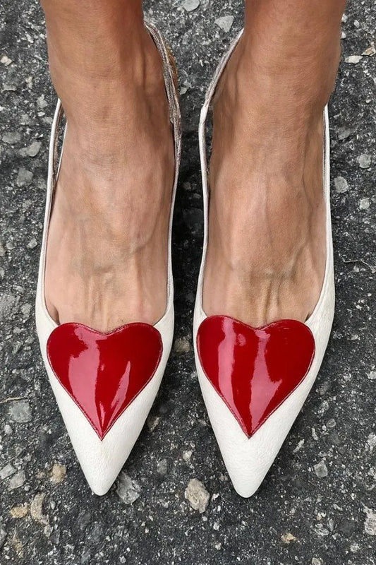 Faux Leather Red Heart Patch White Pointy Flats