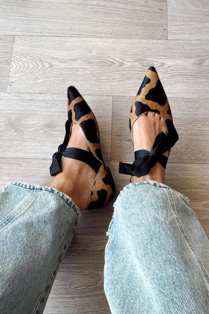 Pointed Toe Calf Hair Leopard Print Ribbon Bow Flats
