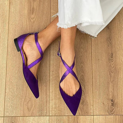 Matte Finish Pointed Toe Glitter Cross Strap Flats