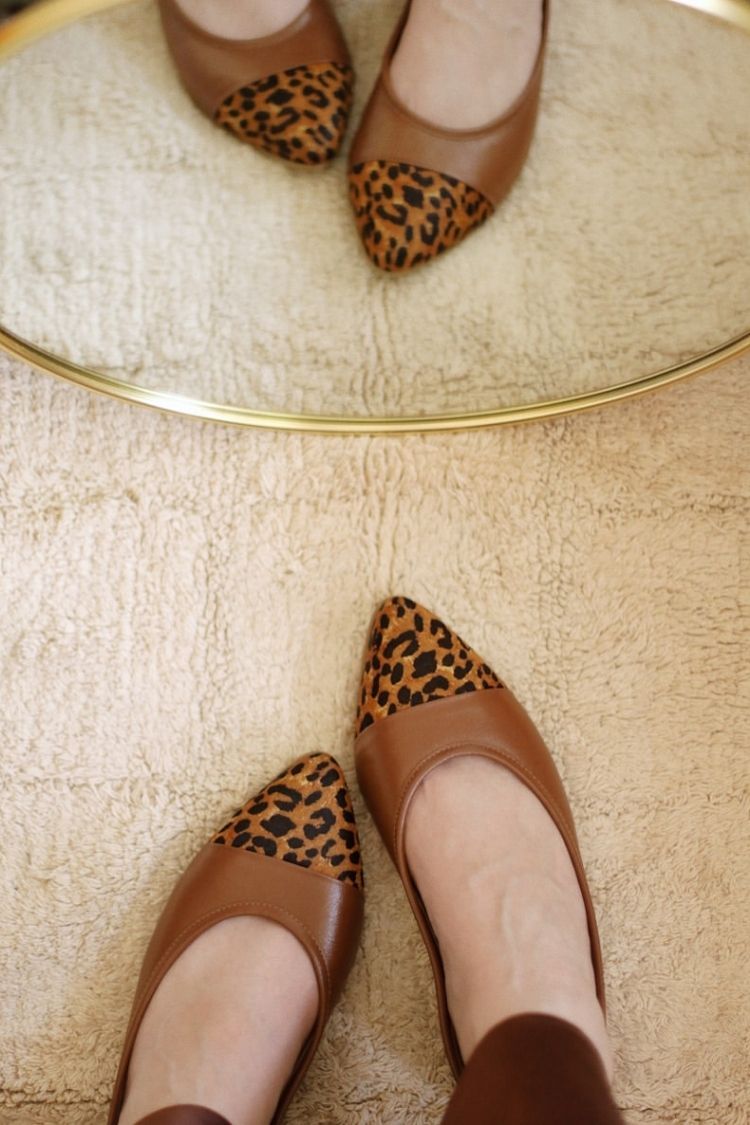 Faux Leather Colorblock Leopard Cap Toe Pointed Flats