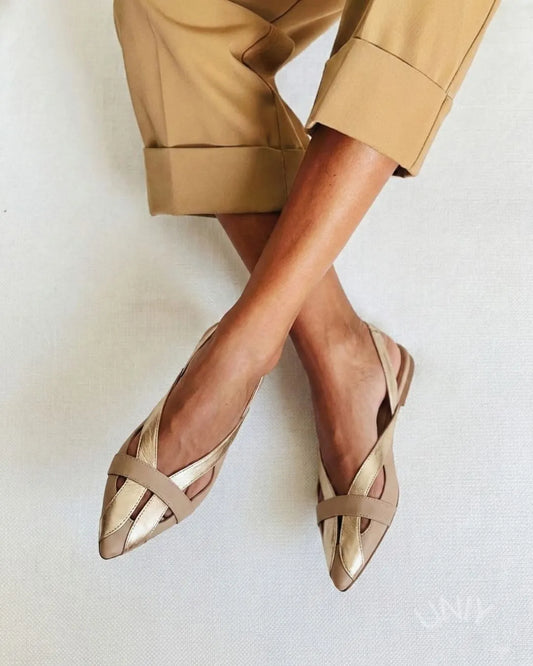 Chic Gold Pointed Toe Slingback Color Block Ballet Flats