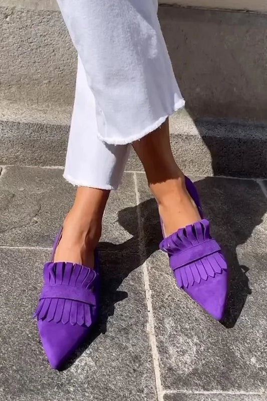 Solid Color Fringe Decor Pointed Toe Purple Flats