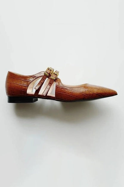 Pointed Toe Crocodile Print Two Straps Buckles Brown Flats