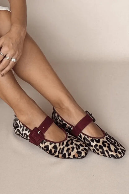 Leopard Print Suede Buckle Strap Round Toe Mary Jane Flats