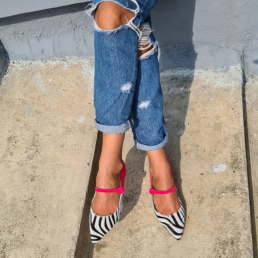 Casual Colorblock Zebra-stripe Pointy Toe Straps Flats