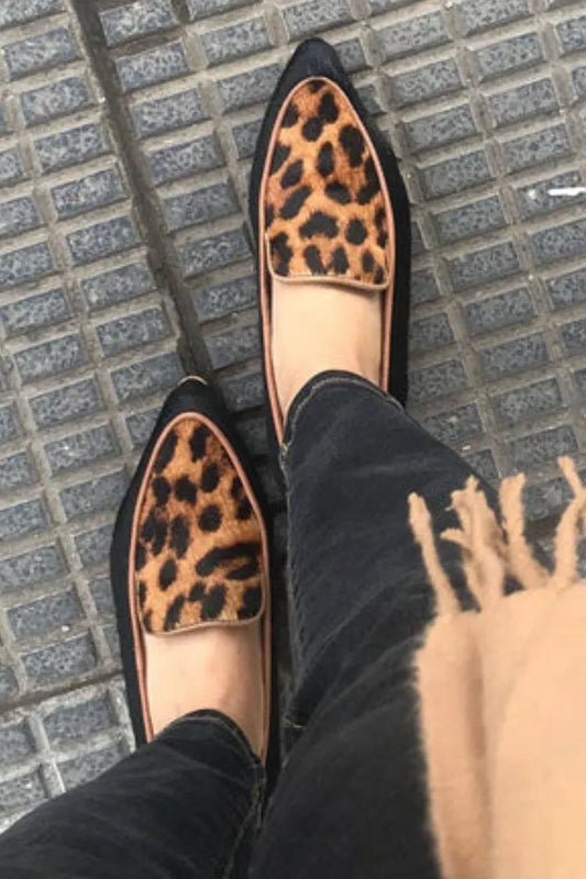 Suede Leopard Print Black Trim Pointy Flats
