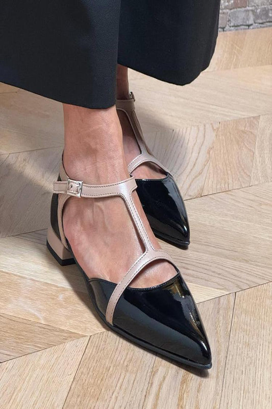 Colorblock T-Strap Buckle Pointed Toe Black Flats