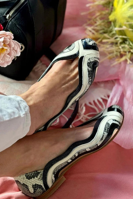 Colorblock Snake Print Patchwork Round Toe Black Flats