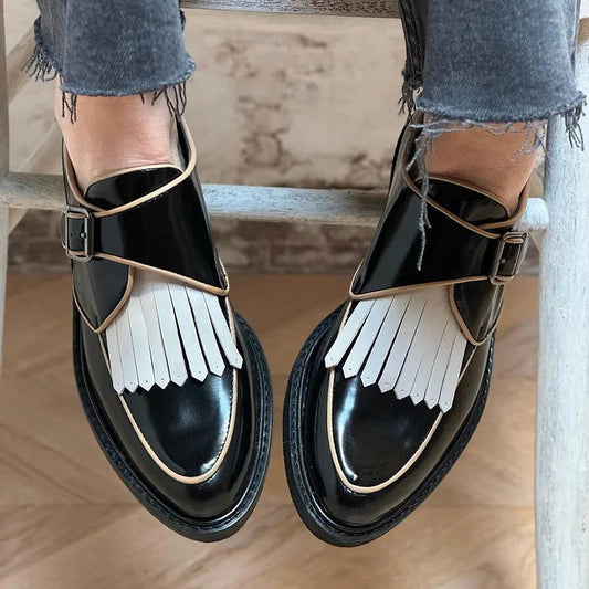 Contrast Color Fringed Trim Pointed Toe Black Oxfords