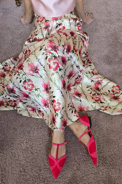 Patchwork T-Strap Buckle Pointed Toe Red Flats