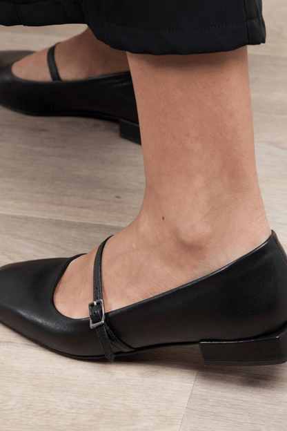 Black Single-Strap Square-Toe Low Flats
