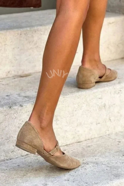 Chic Beige Pointed Toe Faux Suede Strap Flats