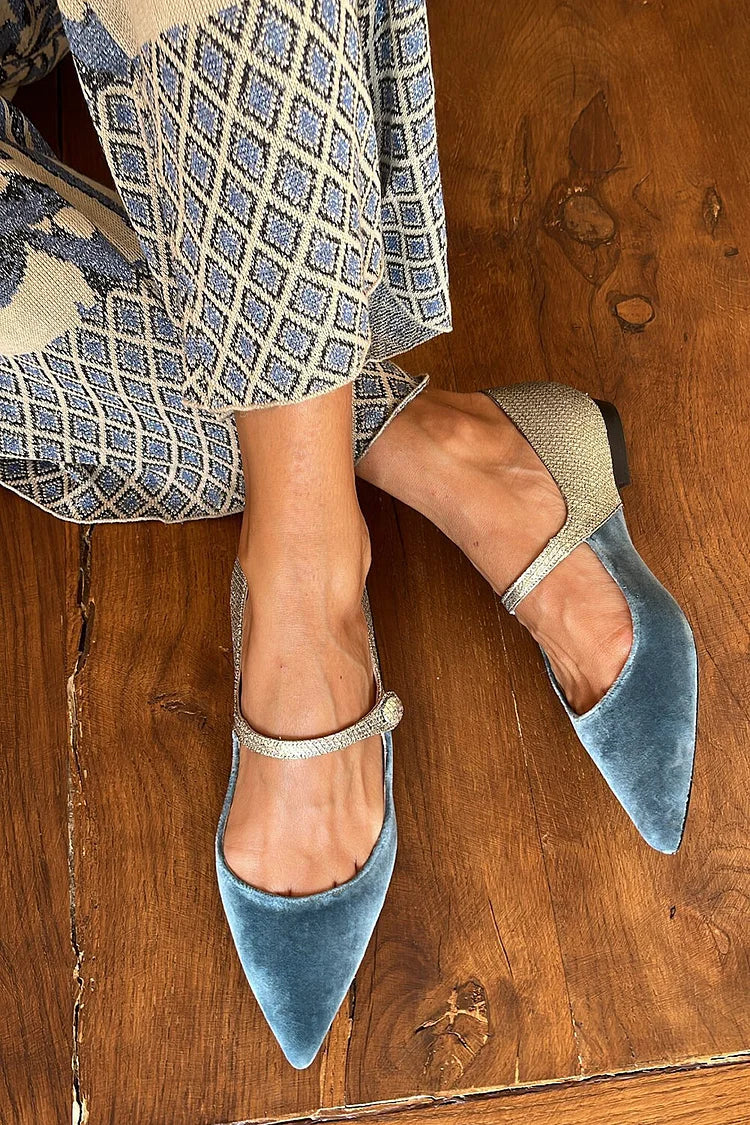 Patchwork Instep Strap Buckle Pointed Toe Blue Flats