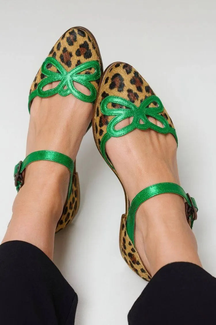 Leopard Haircalf Green Bow Mary Jane Flats