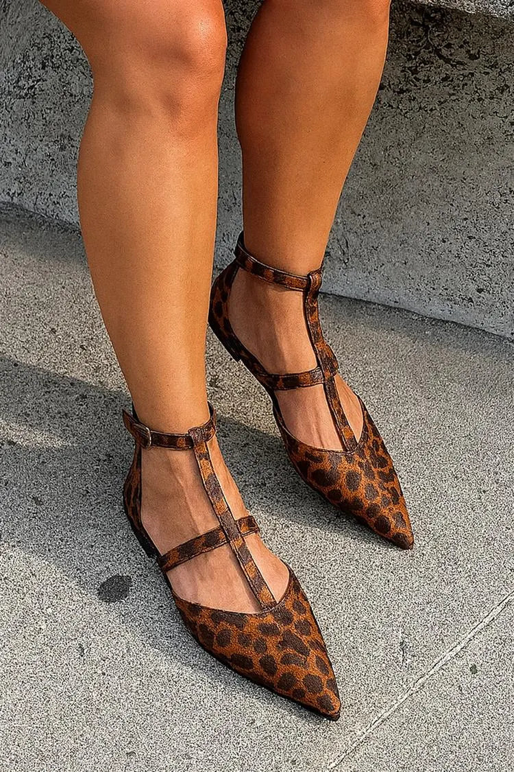 Cross Strap Buckle Leopard Print Pointed Toe Brown Flats