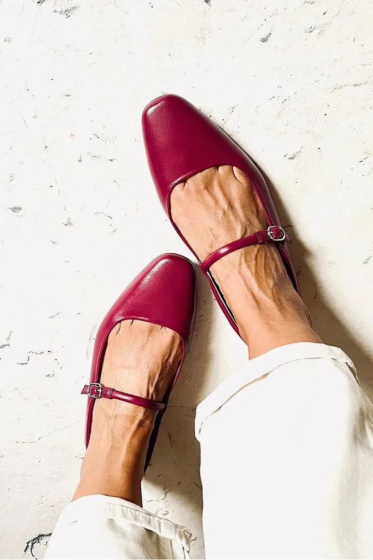 Instep Strap Buckle Square Toe Burgundy Flats