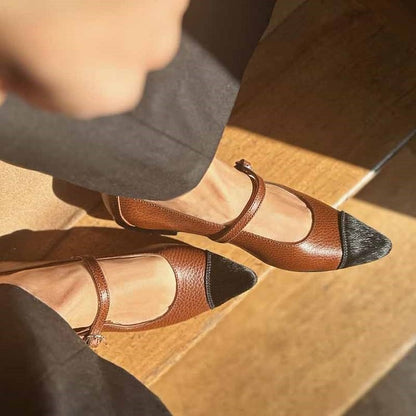 Patchwork Pointed Strap Buckle Instep Toe Brown Flats