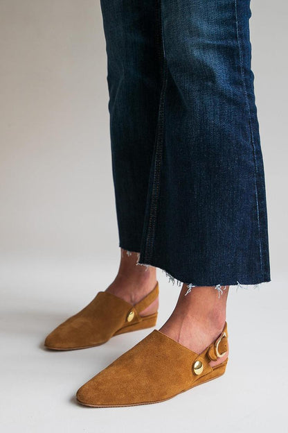 Solid Color Pointed Toe Slingback Strap Buckle Camel Flats