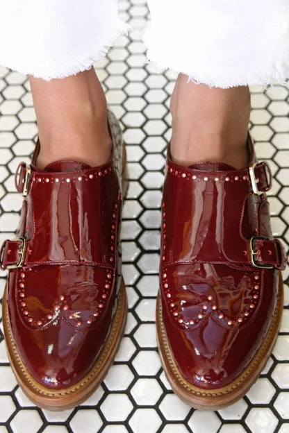 Glossy Leather Double Buckle Wingtip Flats