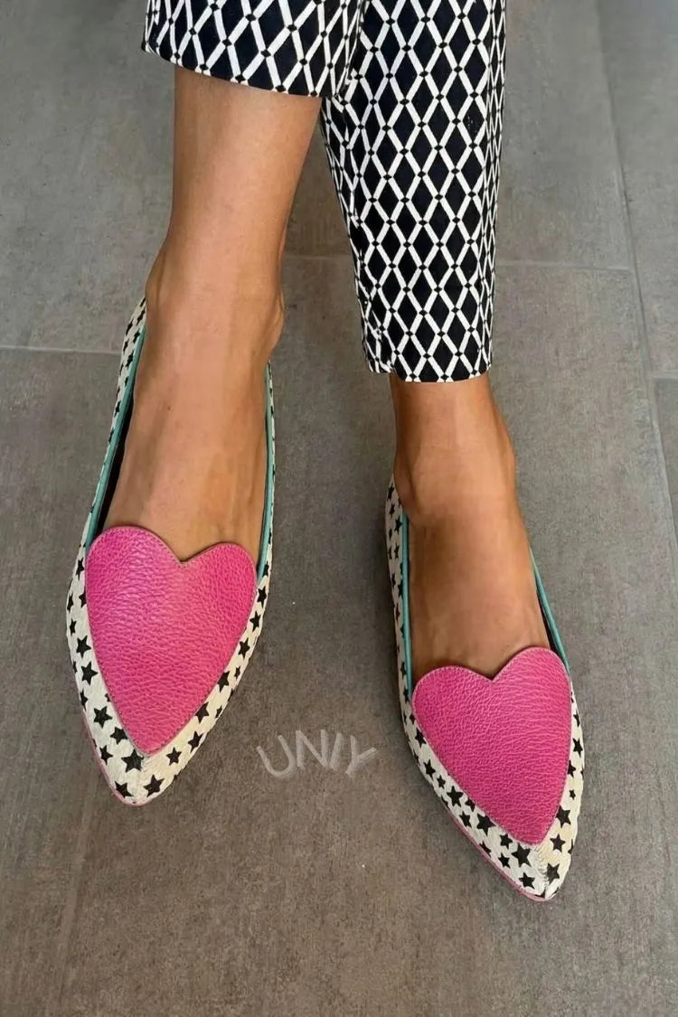 Star Print Pointed Toe Flats Pink Heart Detail Loafers
