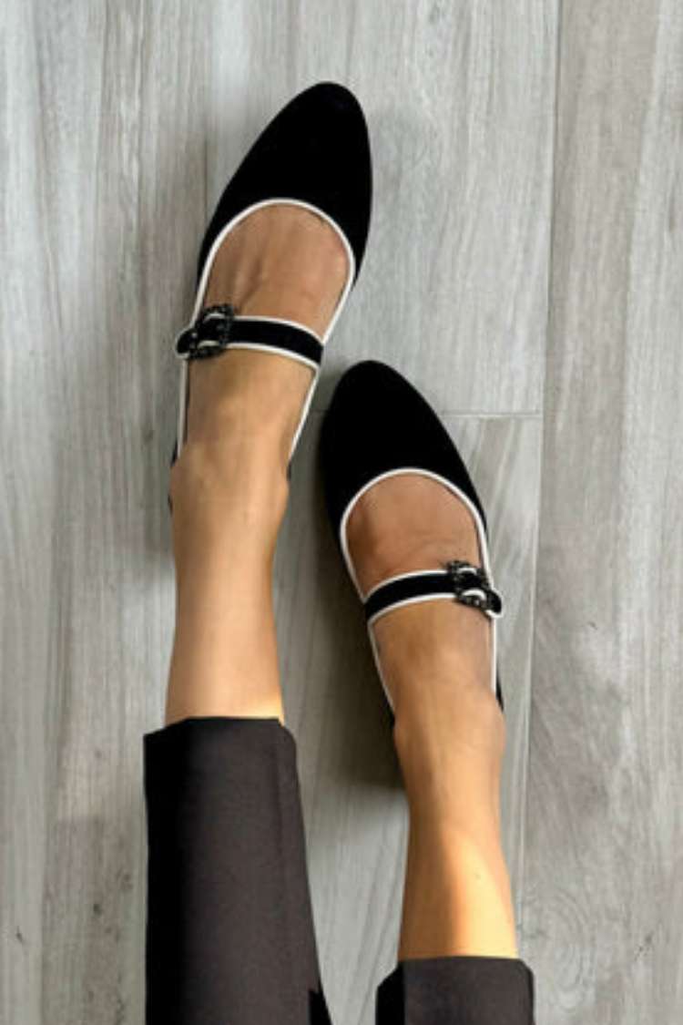 Suede Contrast Trim Buckle Mary Jane Flats