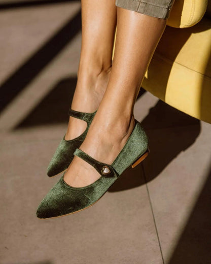 Olive Green Velvet Pointed Toe Heart Detail Mary Jane Flats